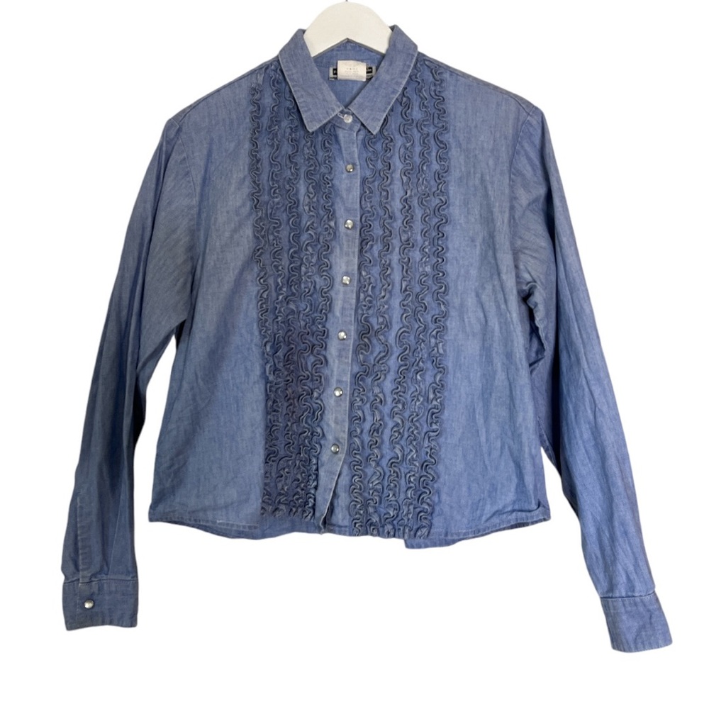 PANHANDLE Slim Vintage Western Chambray Denim Ruffle Shirt Large